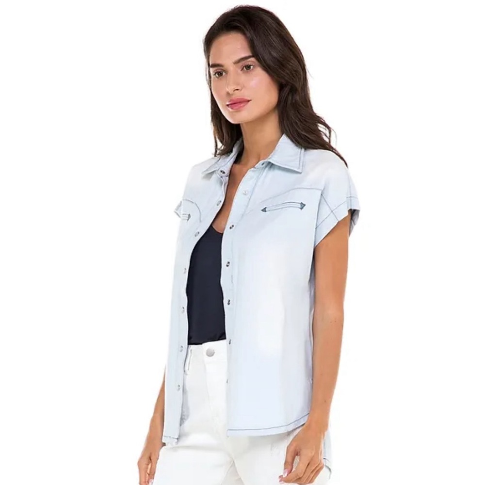 Angel + Premium Kittie Light Blue Short Sleeve Denim Pearl Snap Western Shirt XL